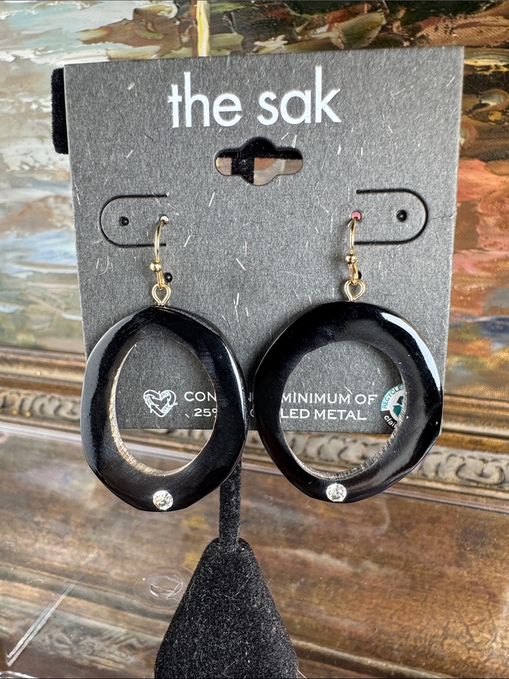 0632-the sak Black Open Hoop Earrings with Crystal Accent